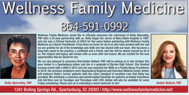 Announcement for Amber Bullard joins Wellness Family Medicine in Spartanburg
